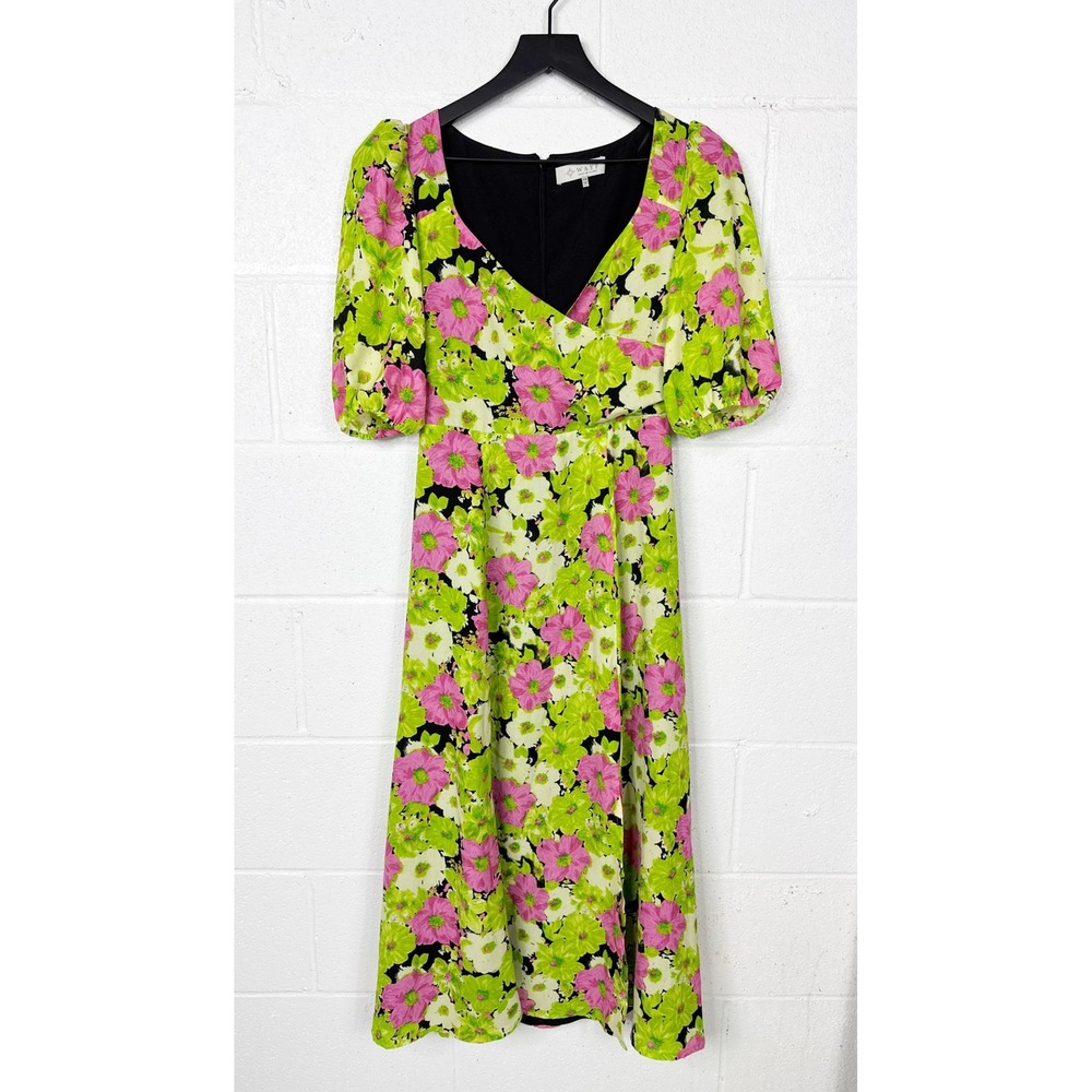WAYF Floral Puff Sleeve Midi Dress Women XS Pink‎ Green Black Vintage Style